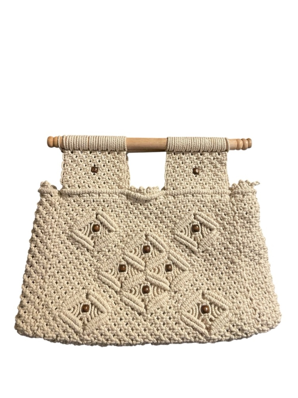 Virginia Wolf Macrame Tote Bag Natural Wood Handle Coastal Boho Beach Purse - Picture 4 of 7